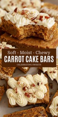 These carrot cake bars are packed with shredded carrots, warm spices, and pecans and topped with cream cheese frosting. They are soft, moist, and chewy and taste like a cross between carrot cake and a buttery blondie.