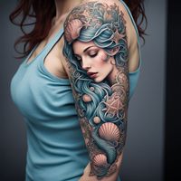 This half sleeve tattoo features a mermaid or sea turtle, surrounded by waves, corals, and seaweed with intricate linework and smooth shading. #MarineTattoo #HalfSleeveTattoo #TattooArt #MermaidTattoo #SeaTurtleTattoo #InkArt #TattooDesign #BodyArt #TattooInspiration