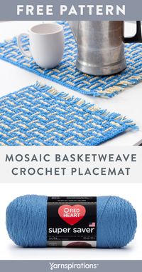 Free Mosaic Basketweave Placemat crochet pattern using Red Heart Super Saver yarn. Stitch up a set of crochet placemats to brighten up the kitchen! Bring your crocheting skills to the table with this pretty 2-color set. With over 100 available shades, it's easy to find the color combination that perfectly complements your space. #Yarnspirations #FreeCrochetPattern #CrochetPlacemat #Basketweave #MosaicCrochet #RedHeartYarn #RedHeartSuperSaver