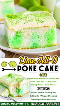 Fluffy white cake with splashes of lime Jell-O and a delicious creamy frosting make up this super simple and fun Lime Jell-O Poke Cake!