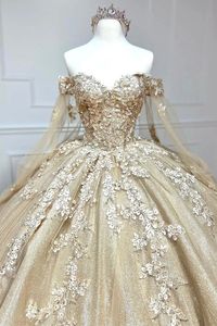 Alejandra | Glamorous Gold Sweetheart Ball Gown with Cape Sleeves Quin | KissProm