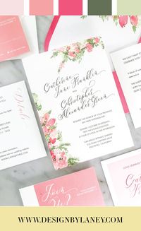 The Bougainvillea wedding invitation suite is pink, blush, green, and perfect for your Spanish-style or Palm Springs wedding! It features watercolor flowers in hot pink and green and pairs well with blue, navy, burgundy, or blush wedding colors. Bougainvillea represent passion, beauty and welcoming, three sentiments that are ideal for a new marriage. They suggest tropical climates, but the colors in this suite can brighten up any location