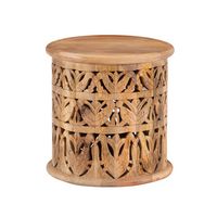 Add visual interest into your home with this hand carved wood accent table. The round silhouette offers a welcome contrast to the angular elements in a space. Use it in any room to hold a lamp, set drinks, or display your favorite photos. The unique bird pattern brings a bit of boho style and beautiful texture to catch your eye. Made of solid mango wood, this sturdy piece comes fully assembled. The natural color of the wood is sealed with lacquer. Daplin Side Table Natural Round hand carved wood