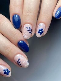 dark blue floral nail design