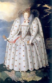 fashions by the end of Elizabeth’s reign, with leg-of-mutton sleeves, long v-shaped waistline, ruff, and barrel-shaped French farthingale.