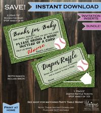 Diaper Raffle + Books for Baby Invitation Inserts Baseball Party Invite Insert - Baseball theme decoration- Printable Kit INSTANT DOWNLOAD by UniqueDigitalDesigns on Etsy