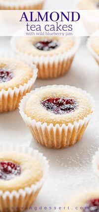 Almond Tea Cakes with Wild Blueberry Jam - tender little buttery gems with great texture and loads of flavor from the almond extract and almond flour. #cookies #teacakes #teacookies #almondcookies #almondteacakes #blueberryteacakes #dessert #teacakecookies