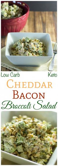 This simple low carb bacon cheddar broccoli salad is great for a summer picnic or potluck. The tangy creamy dressing is sweetened with all natural stevia.