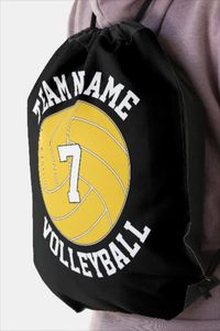 Make your own customized volleyball drawstring backpacks for volleyball players and teams with yellow team colors! Just click to personalize the template and type in your own volleyball team name and player jersey numbers. The background color, currently set on black, can also be customized as well to match your team colors! These are perfect for bringing to volleyball games and practices, especially for those with yellow team colors.