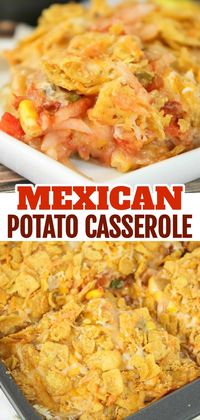 Mexican Potato Casserole is an easy side dish that is sure to be a hit with young and old alike!   The crispy topping is the perfect complement to the cheesy, potato base.