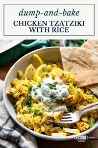 The easiest chicken tzatziki bakes in a casserole with rice, and is finished with a creamy, garlicky yogurt sauce, fresh lemon, and bright herbs. Pair the dish with crisp veggies and pita bread for a light, healthy, and flavorful meal!