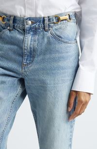 Chunky antique-finish hardware details the waistband of these straight-leg jeans cut from nonstretch denim in a faded wash for a lived-in look. Zip fly with button closure Five-pocket style 100% cotton Dry clean Made in Portugal Designer Clothing