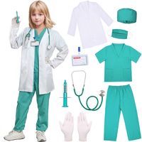 PRICES MAY VARY. Comprehensive Doctor's Attire: This kids' doctor costume features a lab-style white coat, V-neck surgical shirt, trousers, hat, mask, gloves, work ID badge, and two medical props for a complete physician look. Realistic Details: With a genuine V-neck surgical shirt and detailed white coat, this doctor costume enables children to dive into the role of a healthcare provider. Safety Essentials: Equipped with a mask and gloves, this costume emphasizes safe and hygienic play, teachin