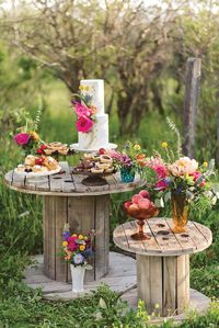 Rent rustic wood spool tables for your vintage + country inspired wedding design. Available to rent from Orange Trunk Vintage Rentals in Calgary + Rocky Mountain Area, Alberta, Canada.