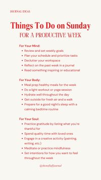 🎀 Make the most of your Sunday with our list of things to do for a productive week! These actionable tips will help you organize, plan, and set yourself up for success in the coming days. From meal prepping to scheduling your week, these ideas ensure a smooth and productive start to your week. Transform your Sundays into a powerful tool for boosting your productivity and achieving your goals! 🎀 Sunday planning, weekly organization, productivity tips, time management, goal setting, meal prep ideas, weekend routines, efficient scheduling, stress-free planning, lifestyle hacks.