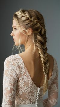 "Opt for a timeless look with a French braid updo. Visit our website for more bridal hairstyle inspirations! Save this pin for a classic and elegant style. 🌟💐 #FrenchBraidUpdo #ClassicBride"