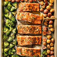 Easy Sheet Pan Honey Mustard Salmon with Potatoes!