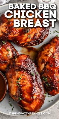 This baked BBQ chicken is super easy to make with only 3 ingredients! Marinated with BBQ sauce and cooked for short time in the oven, these breasts are the perfect option for a quick weekday entrèe. #spendwithpennies #bakedbbqchicken #recipe #maindish #chicken #bbqchicken #barbequesauce #oven #bbqsauce #sauce