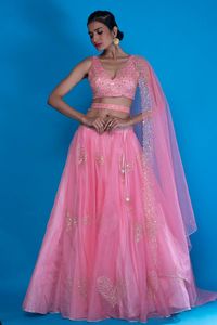 Buy Asaga Pink Organza Meer Embroidered Lehenga Set Online | Aza Fashions