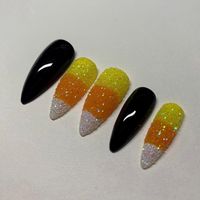 Candy corn medium almond press ons ! Perfect for this upcoming spooky season reusable, custom, handmade press on nails Get your salon quality nails at home with Blingedbyjaz Press On Nails All sets are made with GEL nail polish. These nails are reusable, if you take it off right. Each set comes with 10 handmade press on nails, a mini file, a mini buffer, a cuticle stick, glue and 2 alcohol pads. Please make sure you follow the sizing kit and select your size (XS, S, M, L,) or write down your cus