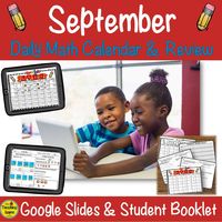 Do you need a great math class starter that can be used with Google Slides or as a student booklet? This  First Grade Daily Calendar and Math Review Google Slides & Student Booklet for September has students practice calendar skills;  report the daily weather; work on money skills;  review math skills, and answer story problems. There are 25 slides or student math review sheets.  #math #mathfacts #calendar #money #firstgrade #digital #Googleslides #theteachingscene #theteachingscenebymaureen