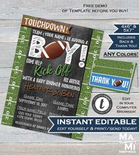 Congratulations on scoring a new Baby Boy! We love  this editable Football Baby Shower Invitation and it comes with a  matching thank you card! It's editable so it's perfect to make your own! Click through to view matching party  decorations! #fallparty #footballbaby #babyshowerinvitation #babyboy #editableinvitation #thankyoucard  #instantdownload #printable #uniquedigitaldesigns