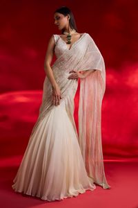 Shop for these amazing collections of Ivory Saree And Pallu Organza Embroidered Venus Pre-draped Lehenga With Blouse For Women by Charu and Vasundhara online at Aza Fashions.