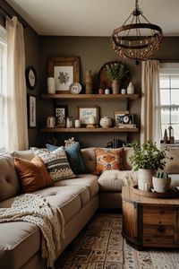 Create an eclectic boho farmhouse living room with bold patterns, layered textures, and earthy colors. Use vintage furniture, handwoven accents, and global-inspired decor to bring a unique style to your space. This blend of boho and farmhouse gives your home a fun, relaxed feel. #EclecticBoho #BohoFarmhouse #LivingRoomInspiration #GlobalDecor