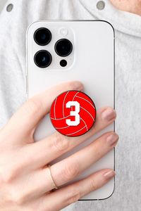 Make your own custom basketball popsocket for volleyball players, coaches and teams with red team colors. Just click to personalize the template and type your own volleyball player jersey number, initials, or any other text in the custom text box. These personalized volleyball popsockets are a fun gift idea for volleyball players and teams with red team colors.