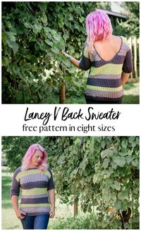 The Laney V Back Crochet Sweater features great texture mixed with sleek finishes. The three-quarter sleeves and the open back makes it a great piece for many seasons. This sweater can also be made with a closed back and full-length sleeves. You can customize your colors any way you like.