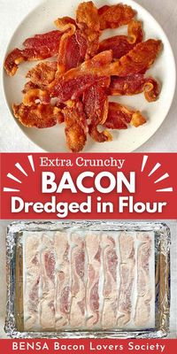 Learn the secret to the tastiest, crunchiest bacon ever! Dredging bacon strips in a light coating of flour and baking in the oven creates the most amazing flavor and texture with less shrinkage and more deliciousness! This easy recipe has complete directions and photos.