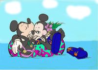 Mickey Mouse sleeping and Minnie Mouse is on Mickey's lap.