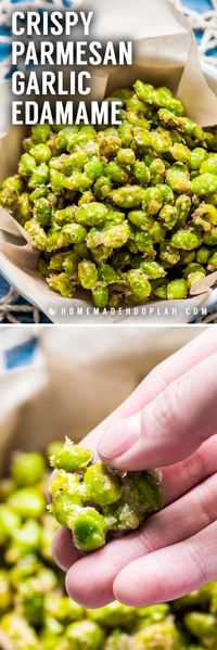 Crispy Parmesan Garlic Edamame! Baked in the oven, this edamame recipe is a tasty snack with only 123 calories! A filling food that will help you reach your weight goals. | HomemadeHooplah.com