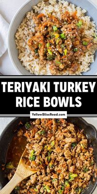 These Teriyaki Turkey Rice Bowls are made with healthy ground turkey and veggies in a sweet teriyaki sauce served over white or brown rice.