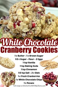 Oatmeal Cranberry Cookies with fresh cranberries, oats, white chocolate chips and pecans. A delicious and simple holiday cookie recipe to add to your baking list that everyone will absolutely Love!