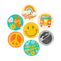 These retro style mini buttons are a groovy addition to prizes or party favors. Your retro themed party gets a thumbs up for good vibes when you hand out these mini pin-back buttons. Delight your guests with images of a smiley face, peace sign or some groovy flowers so they can take a piece of the party home. Metal. (4 dozen per unit) 1" diam. © OTC