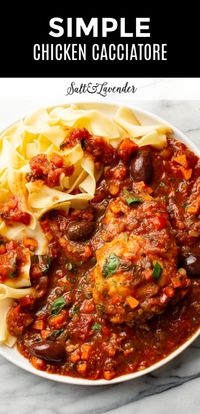 It's simple to make this chicken cacciatore recipe! This stew has melt-in-your-mouth tender chicken in a flavorful tomato sauce with fresh herbs.