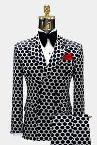 Level up your wardrobe game with this black and white polka dot suit. While others are in standard black attire, you get noticed for all the right reasons at your next formal affair in this elegant suit. The jacket, vest, and matching pants are handcrafted with a high-quality blend of wool, cotton, and polyester. The lightweight fabric is soft and comfortable, as well as stain-resistant. The double-breasted slim fit cut of the suit jacket accentuates your waistline, giving you a trimmer shape. T