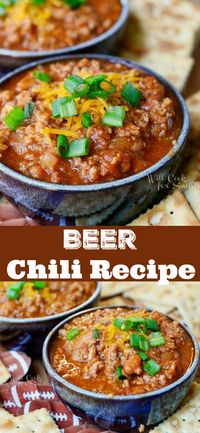 Amazing Chili Recipe with Beer. Comforting chili made with a combination of ground beef and ground pork, beans, vegetables, chili seasoning, and your favorite beer. #chili #beef #groundbeef #partyfood