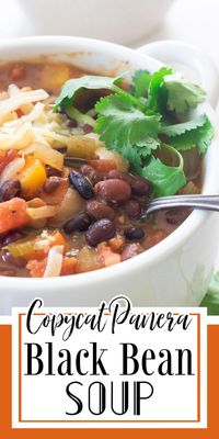 Copycat Panera black bean soup recipe is made with canned black beans, Ro*Tel tomatoes, vegetables, and a spicy blend of southwestern flavors! It's gluten free and vegan, too!