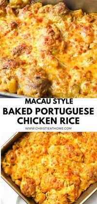 Macau-Style Baked Portuguese Chicken Rice. Delicious comforting chicken baked under melting cheese over rice with a coconut curry sauce. Great for dinner or leftovers for lunch. #casserole #recipes #oven #recipes oven #recipes easy dinners #recipes easy #casserole recipes #chicken and rice in the oven #simple chicken and rice recipes #chicken and rice dinners