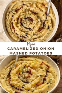 The BEST Vegan Caramelized Onion Mashed Potatoes! These easy & creamy dairy-free mashed potatoes contain 8 simple ingredients and are filled with swirls of french onions & fresh thyme in every bowl. Vegan butter & coconut milk make these potatoes extra fluffy & they are the perfect vegan side dish for Thanksgiving or Christmas. Plus, these homemade mashed potatoes are easy to make ahead! #veganmashedpotatoes #caramelizedonionmashedpotatoes