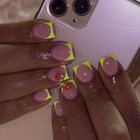 Neon Yellow French Tip Nails with a 3D cherry charm on each hand. 12 Nails, Prep Kit &, Application Instructions Included. The Nail Sizing Is Universal, If You Want Exact Sizing You Can Purchase A Sizing Kit Or Use The Sizing Chart. (Not My Photo). Can Replicate All Designs.