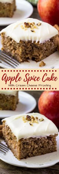 This apple spice cake with cream cheese frosting is packed with flavor, filled with cinnamon, and has a delicious caramel undertone thanks to brown sugar. Then topped with fluffy cream cheese frosting - it's the perfect cake for fall!