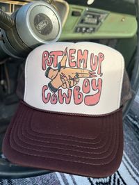 Adjustable Snap Back Trucker "Put Em Up, Cowboy" Available in Brown/Beige or Baby Pink OTTO 39-165 - High Crown Polyester Foam Front 5-Panel Trucker Hat ***These Are PRINTED/MADE TO ORDER! Please Allow 7-10 Business Days To Ship. If You Order Multiple Items, These Will Be Shipping Out SEPARATELY From Your Order.