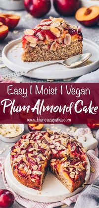 Vegan Plum Almond Cake This moist vegan plum cake with almonds is quick and easy to make without eggs, dairy butter and yeast and is as delicious as the original recipe from grandma! This no-fuss fruit cake is the perfect dessert for a cozy afternoon coffee or tea party and way healthier than the classic from the bakery!