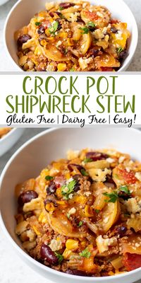 Shipwreck stew is a hearty and filling recipe that is both gluten free and dairy free. Slow cooker shipwreck stew features russet potatoes, beans, corn, onion, tomatoes and more, so it's loaded with veggies! You can make shipwreck stew in either the crock pot or on the stovetop for both a slow, easy option or a quicker one. This is a great family friendly and budget friendly recipe for a dinner at home, but also makes for great meal prep. #glutenfreerecipes #dairyfreerecipes #...