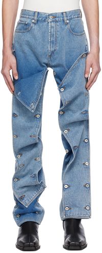 Non-stretch organic cotton denim jeans. Fading throughout. · Belt loops · Five-pocket styling · Zip-fly · Detachable panel with button fastenings at legs · Leather logo patch at back waistband · Contrast stitching in tan Supplier color: Heavy SW blue