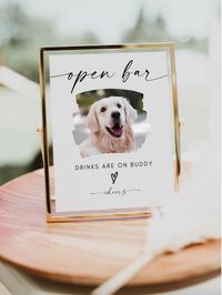 Open Bar Wedding Bar Sign - Enhance your special day with our Dog Open Bar sign designed to showcase your dogs. Our pet open bar sign is ideal for couples who cherish their furry friends and want to involve them in the celebration. This editable templates features a sleek, modern and minimalist design.  This template is fully editable to include changing all text, font, font size, font color, background color, and adding your own photos. Instant access, download unlimited times and edit within t