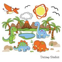 DINOSAUR BOY MURAL Wall Art Decal Kids Room Stickers Nursery Decor Long Neck T Rex Triceratops Stegosaurus Palm Tree Volcano Decorations